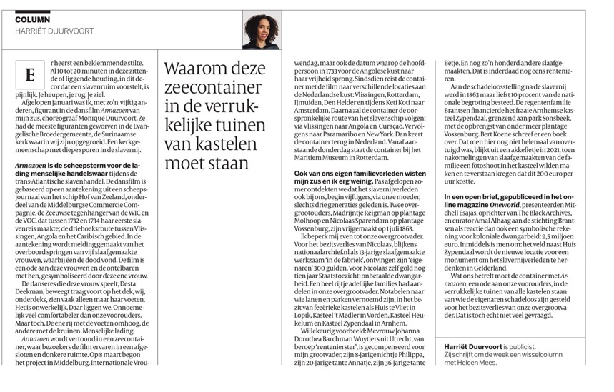 Column Harriët Duurvoort over Kunstproject Armazoen De Volkskrant 18-04-24